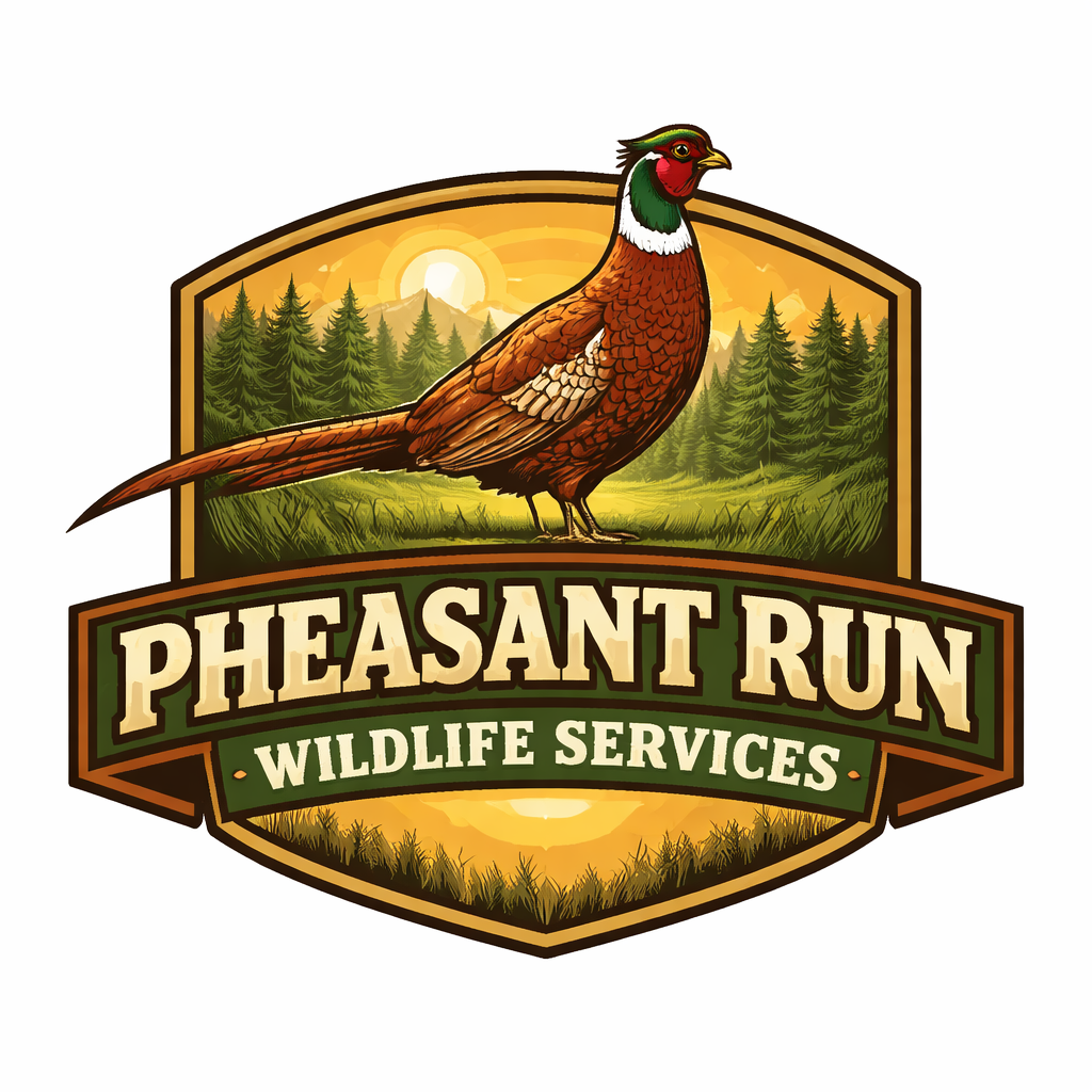 A logo for Pheasant Run Wildlife Services featuring a detailed illustration of a pheasant bird with a scenic background of trees and a sunset.
