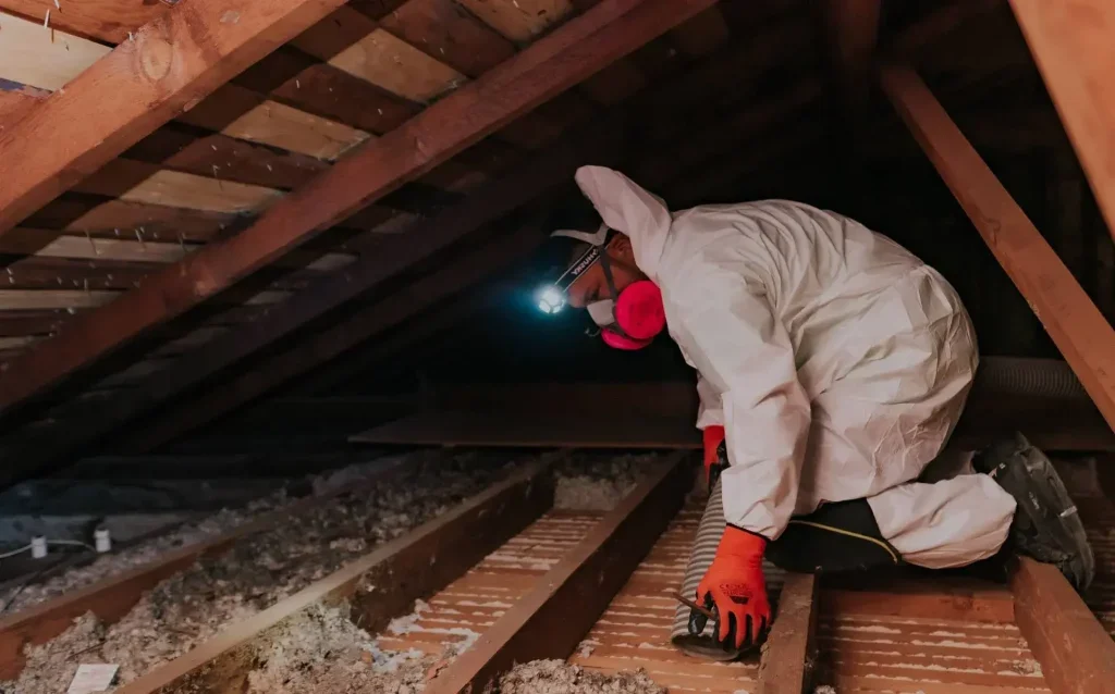 Person in protective gear, including a white jumpsuit, orange gloves, and a headlamp, inspecting or working on the attic floor among wooden beams.