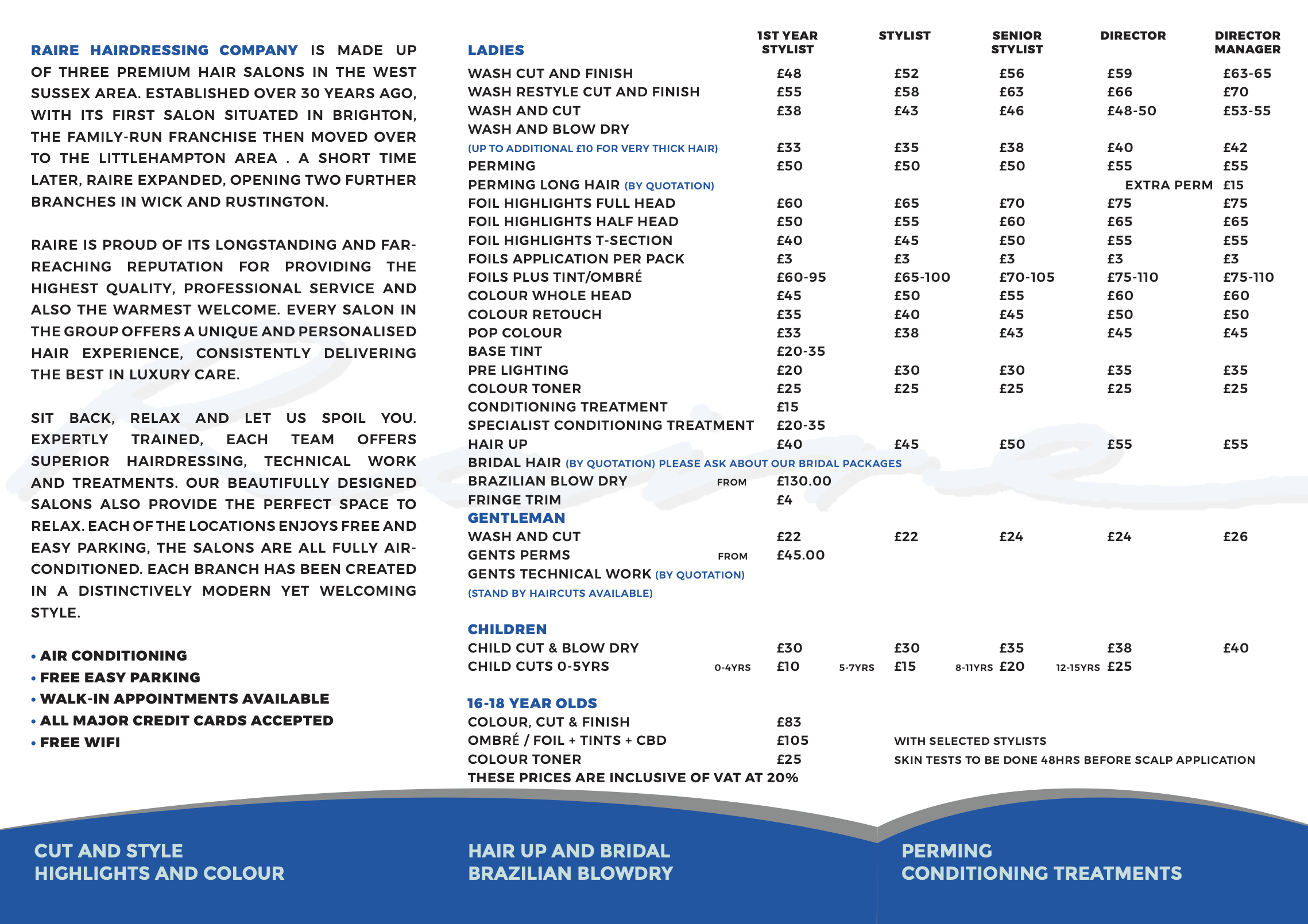 Raire Hairdressing Company Pricelist