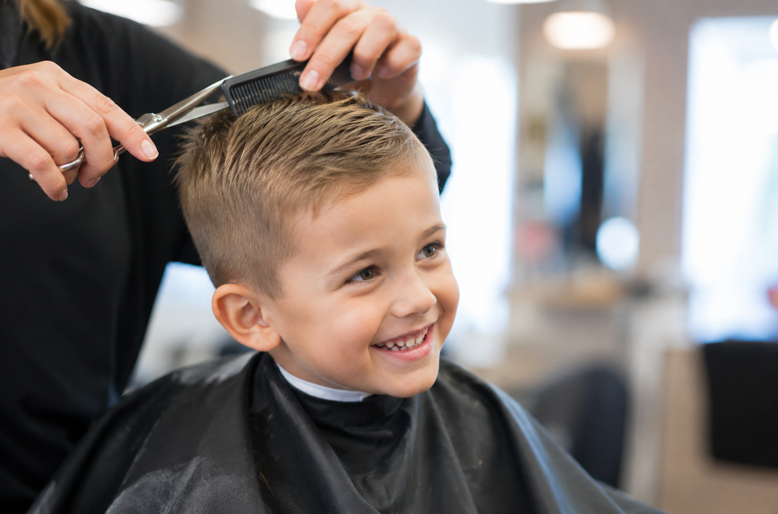 A little boy smiling whilst getting a haircut.