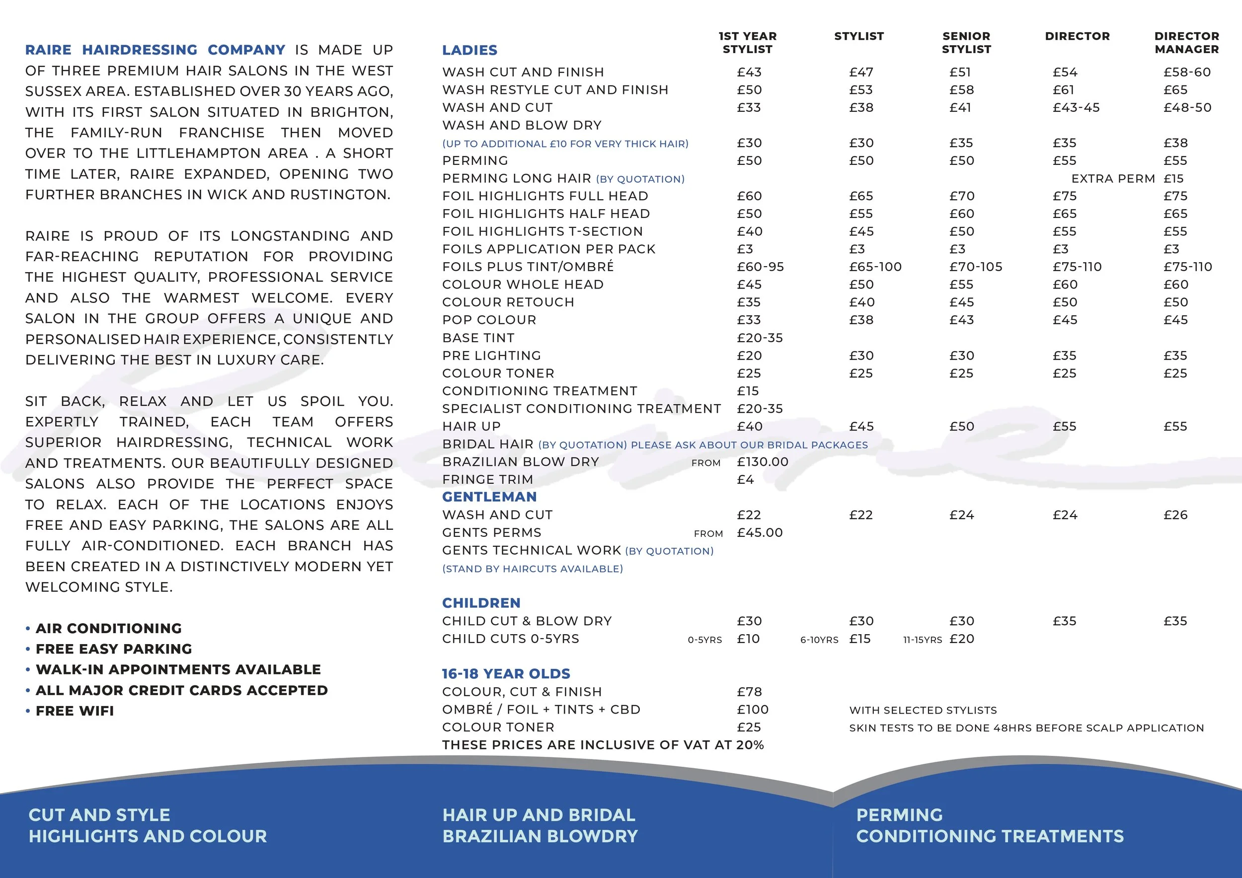Raire Hairdressing Company Price List Rustington Littlehampton Wick