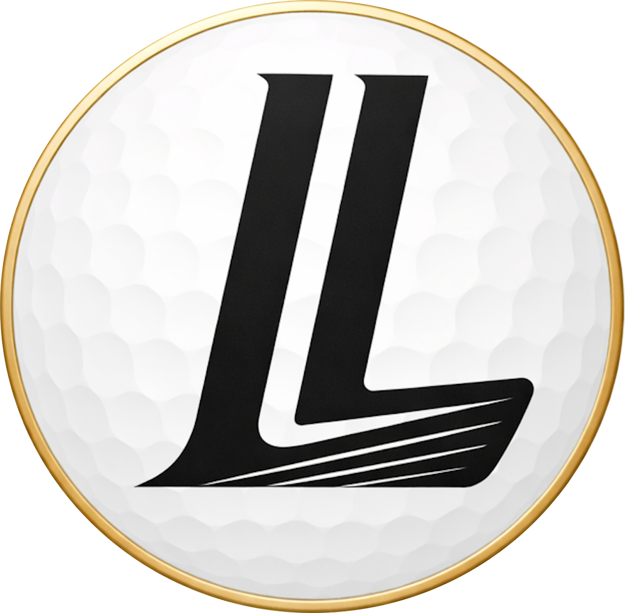 Golf ball background with a black logo featuring a stylized letter 'L' within a gold-bordered circle