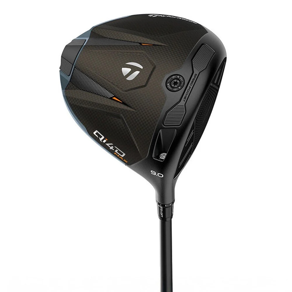 A TaylorMade Qi4D Driver golf club with a black head, carbon fiber design.