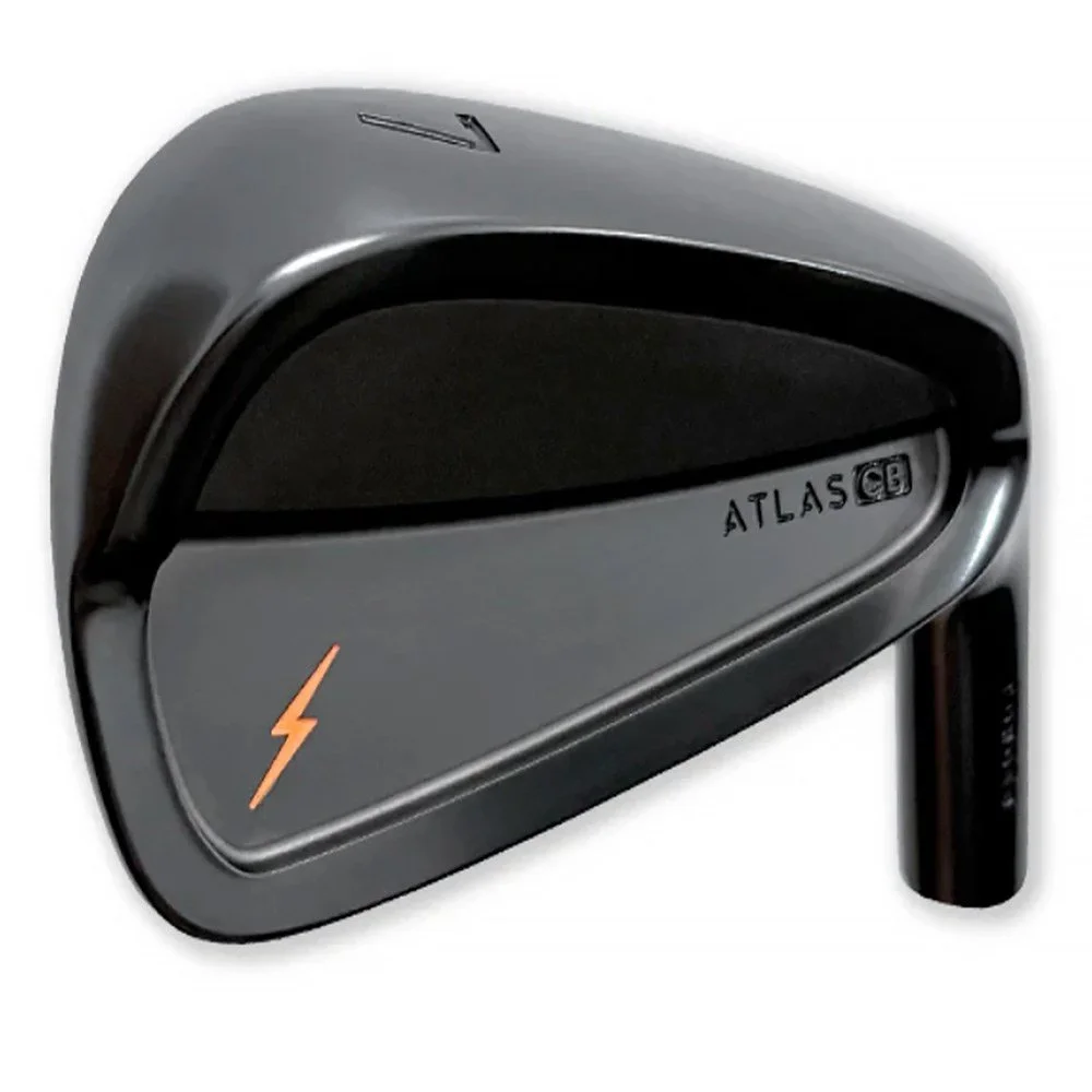 Black 7-iron golf club with the brand name 'ATLAS' on the club head and orange lightening PowerBilt logo.