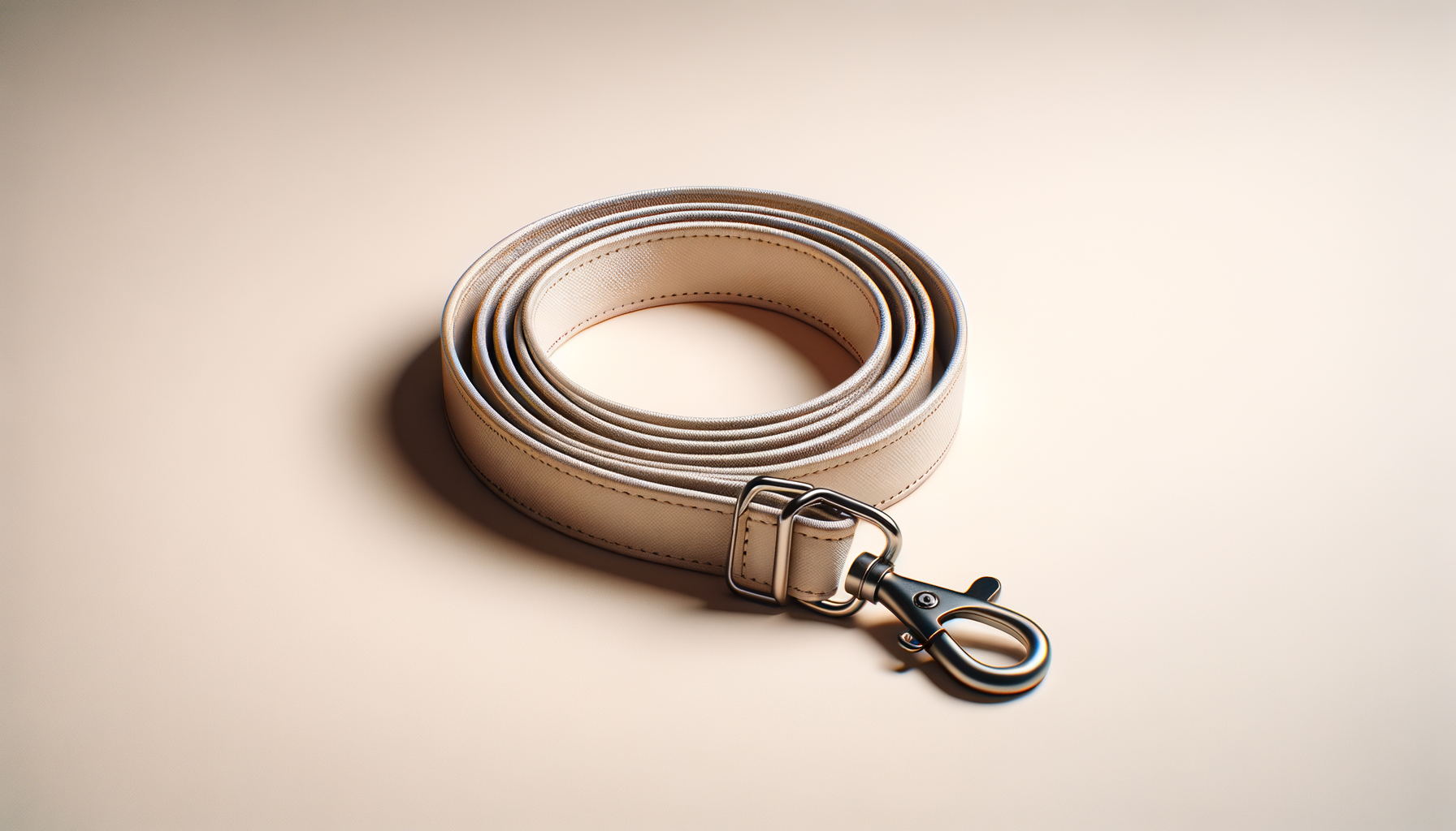 Beige leather dog leash with metal clasp on a plain beige surface