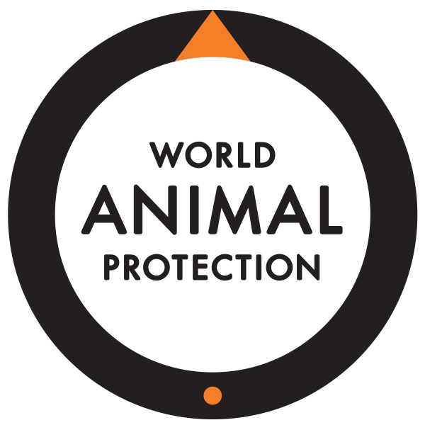 Logo for World Animal Protection featuring a black circle with an orange tip at the top and a small orange dot at the bottom, with white inner circle containing the text 'World Animal Protection' in black.
