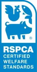RSCPA Certified logo featuring a stylized big, chicken, and fish in blue, with text beneath reading 'RSCPA Certified Welfare Standards'.