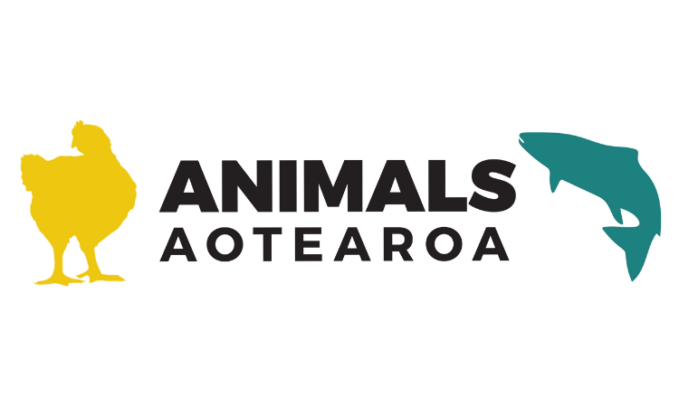 Logo for Animals Aotearoa featuring a yellow chicken silhouette, a teal fish silhouette, and black text reading 'Animals Aotearoa'.