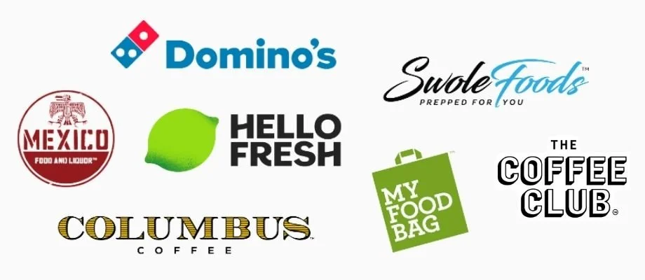 Collection of various food and beverage logos, including Domino's, Swole Foods, Mexico Food and Liquor, Hello Fresh, The Coffee Club, Columbus Coffee, and My Food Bag. All of these businesses have signed the Better Chicken Commitment in New Zealand.