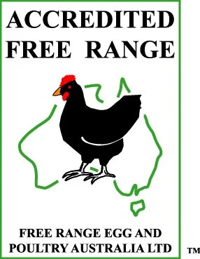 Logo for Free Range Egg and Poultry Australia, featuring a black chicken with a red comb and a green outline of Australia in the background.