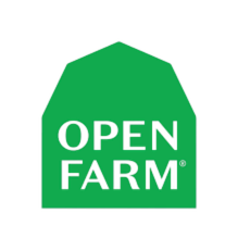 The logo for dog food company Open Farm. It is a green shape based on a traditional barn silhouette, with white text "Open Farm" inside.