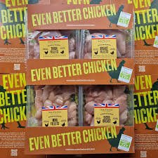 Display of Waitrose packaged chicken meat products with an "Even Better Chicken" yellow banner.