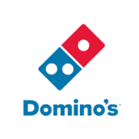 Domino's logo with two domino tiles, one red and one blue, displaying dots