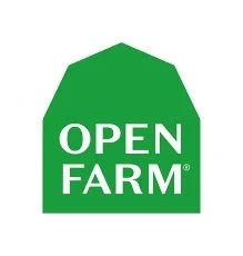 Open Farm dog food logo; a green shape similar to the outline of a stylised barn pentagon shape and the words 'OPEN FARM' in white text inside.
