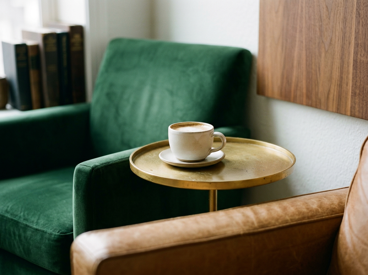 A white coffee cup on a saucer placed on a round, gold-colored tray. The tray is on an armrest of a brown chair, with a green velvet armchair in the background. Books are visible on a nearby shelf.