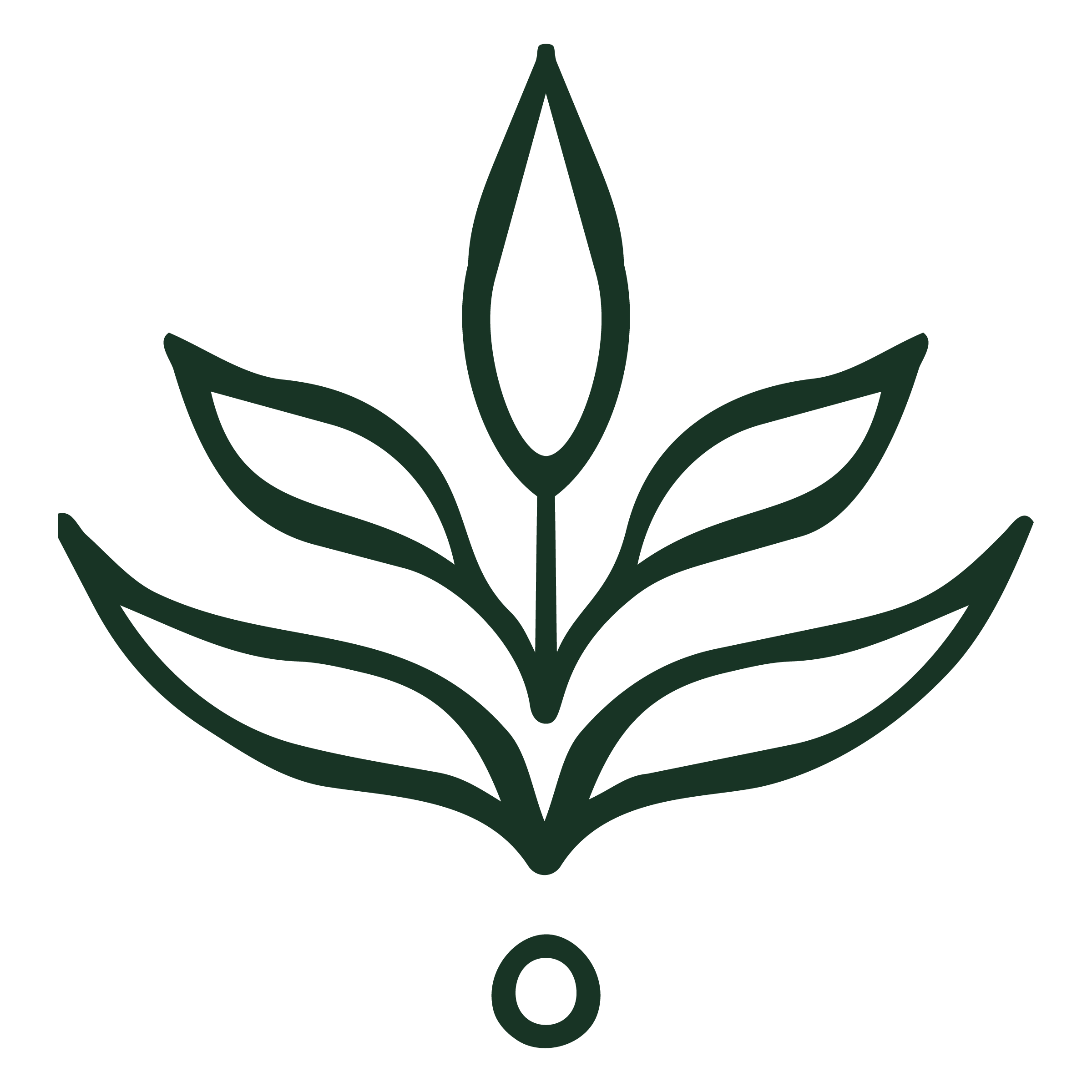 Stylized green plant symbol on a black background.