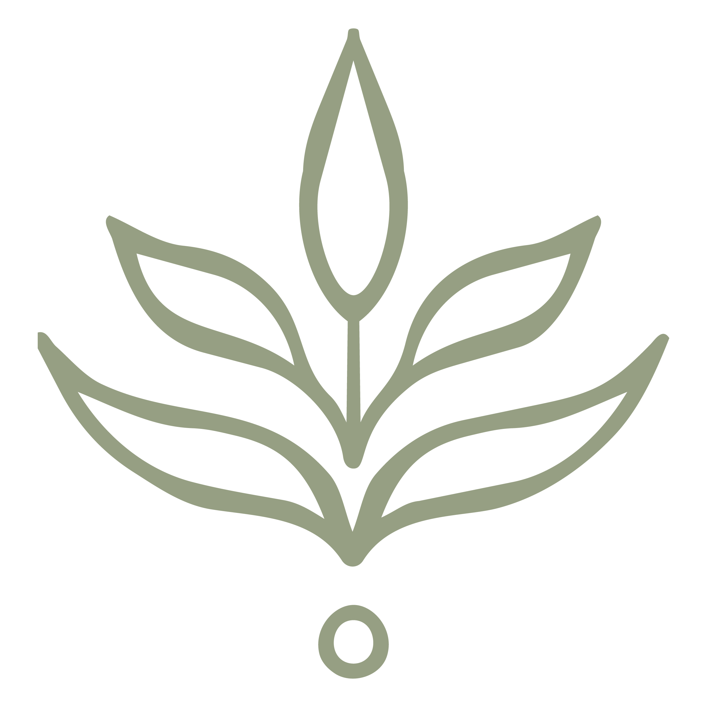 Stylized olive green and black cannabis leaf with symmetrical design and pointed edges.