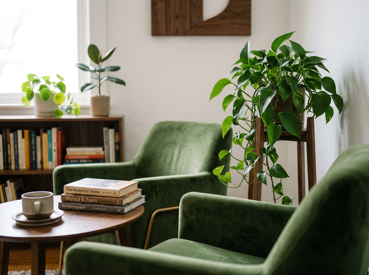Calming counseling office with green velvet armchairs, natural textures, with books, and potted plants near the window.