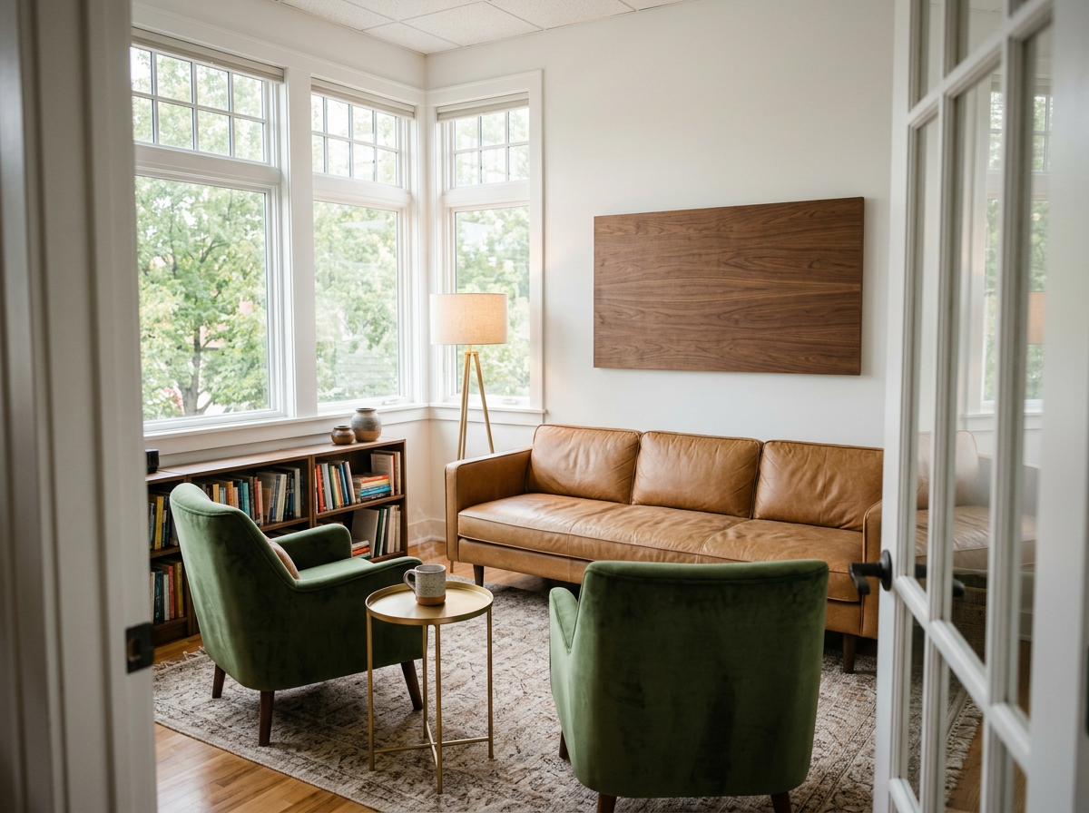 A cozy therapist office with large bay windows, a tan leather sofa, two green armchairs, a wooden bookshelf filled with books, a floor lamp, a small round side table with a mug, a patterned rug, and a wooden accent panel on the wall.