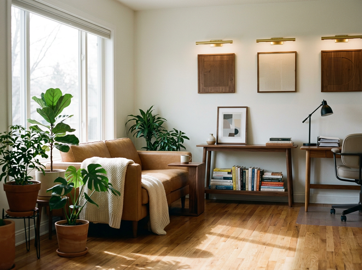 A cozy counseling office with a large window, green plants, a tan sofa covered with a blanket, a wooden table, a bookshelf, framed artwork, a desk with a lamp, and wooden flooring.