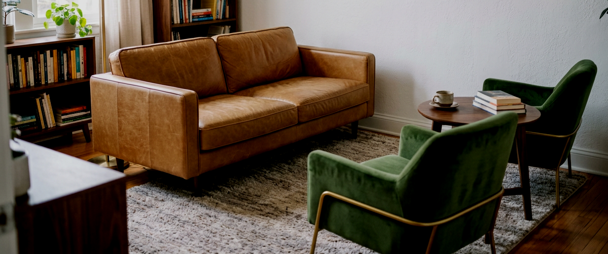 A cozy therapist office with a tan leather sofa, where clients feel welcomed and at ease while working on psychotherapy.