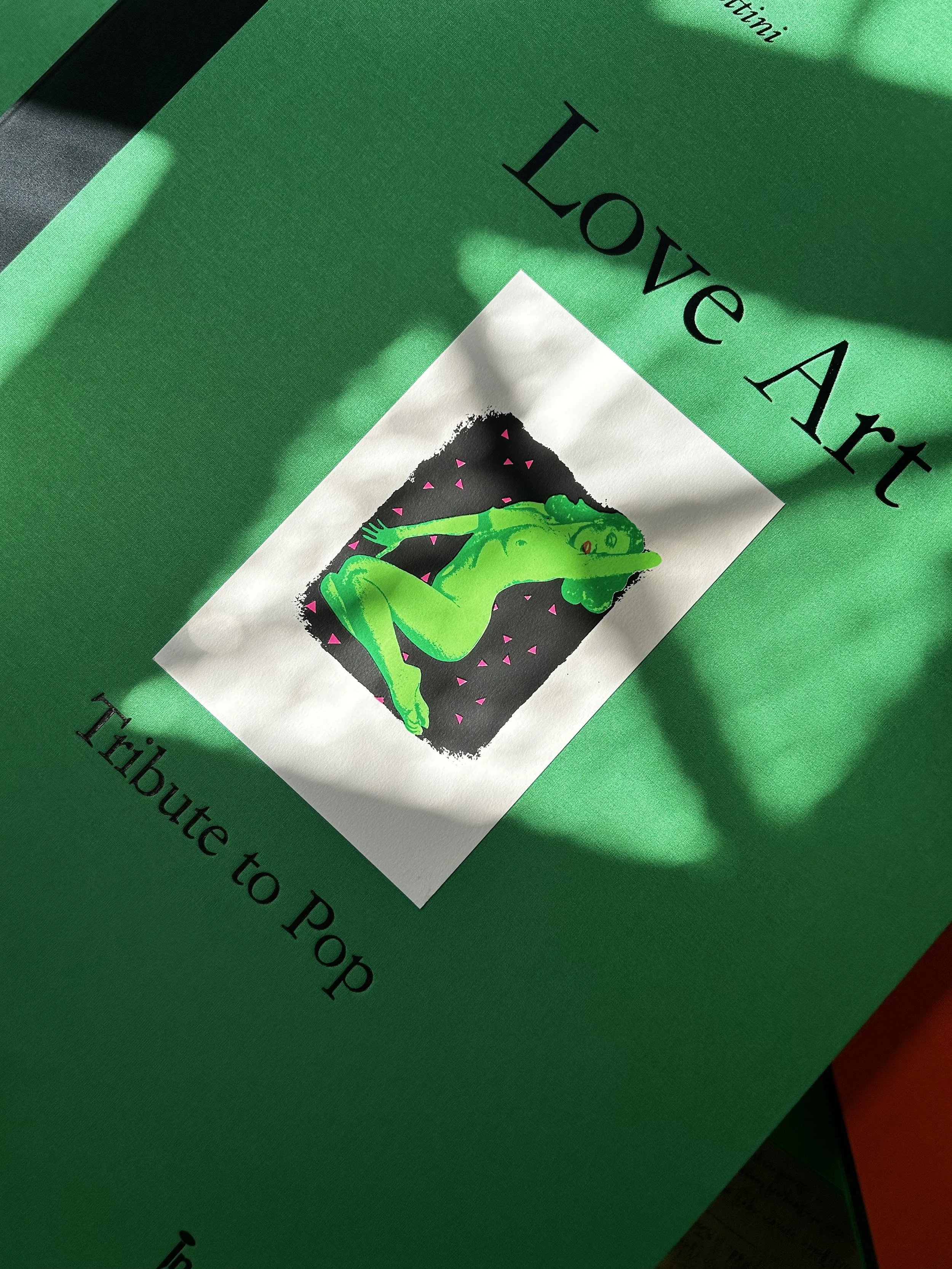 Un sacchetto di plastica verde con un adesivo che mostra un'illustrazione di una donna con pelle verde, capelli verdi e vestiti verdi, in una posa seduta con le gambe incrociate, su uno sfondo nero con puntini rosa.