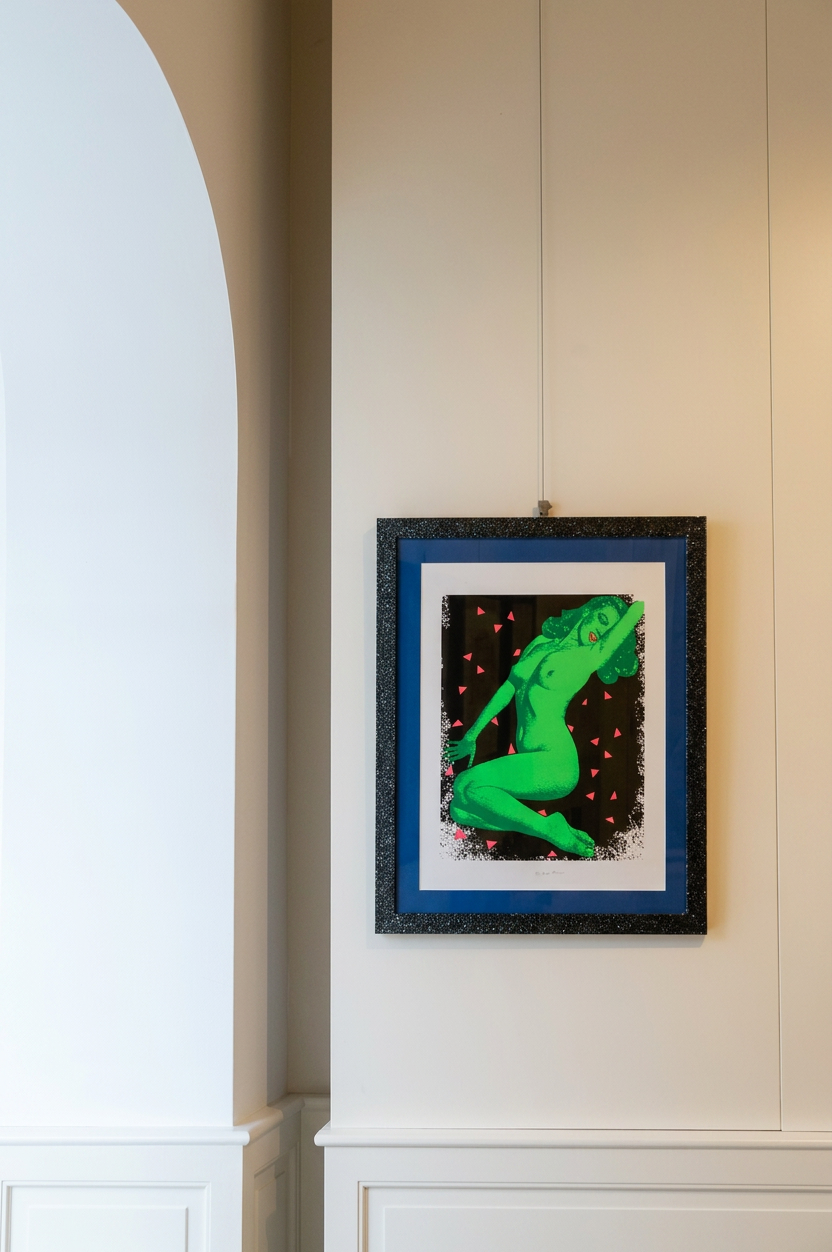 Quadro di una donna nuda in una posizione seduta, in stile pop art, montato sulla parete di una galleria d'arte.