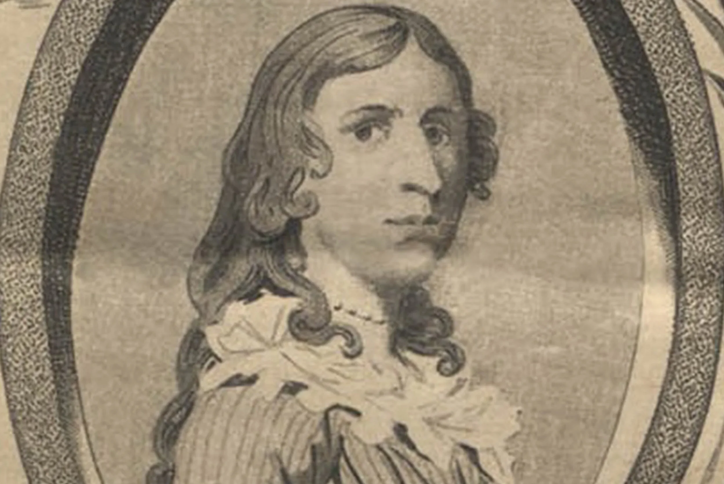 A black-and-white sketch of Jesus Christ with long hair and a serious expression, surrounded by an oval border.