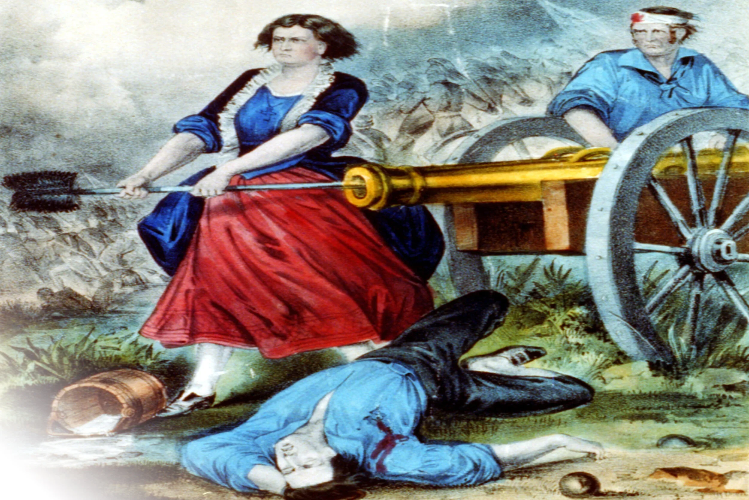 A painting depicting a historical battle scene with women fighting; a woman with a stern expression, wearing a blue top and red skirt, is pulling a cannon with another woman in a blue outfit lying on the ground after being hit, surrounded by rocks and debris.