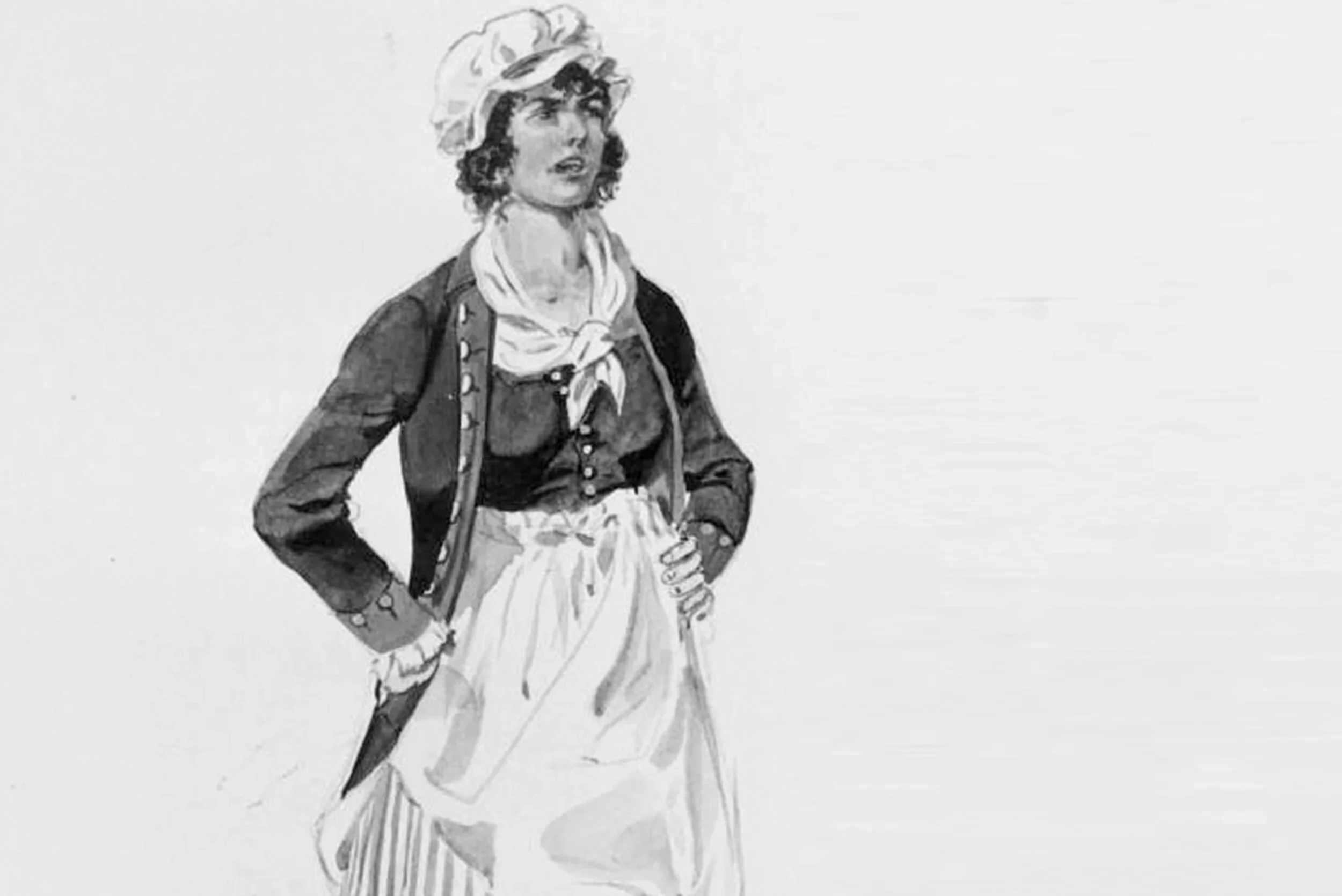 Black and white drawing of a woman wearing a bonnet, scarf, long skirt, and jacket, standing with hands on hips and looking off to the side.