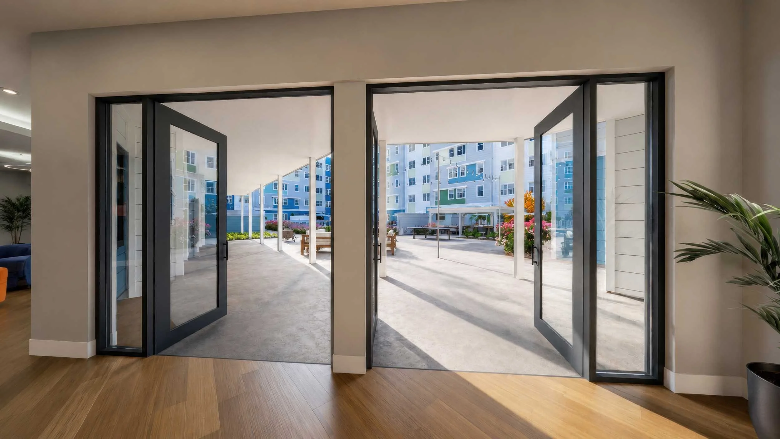 Interior of clubhouse with large glass doors opening to a balcony with outdoor seating, surrounded by colorful apartment buildings and landscaped greenery.