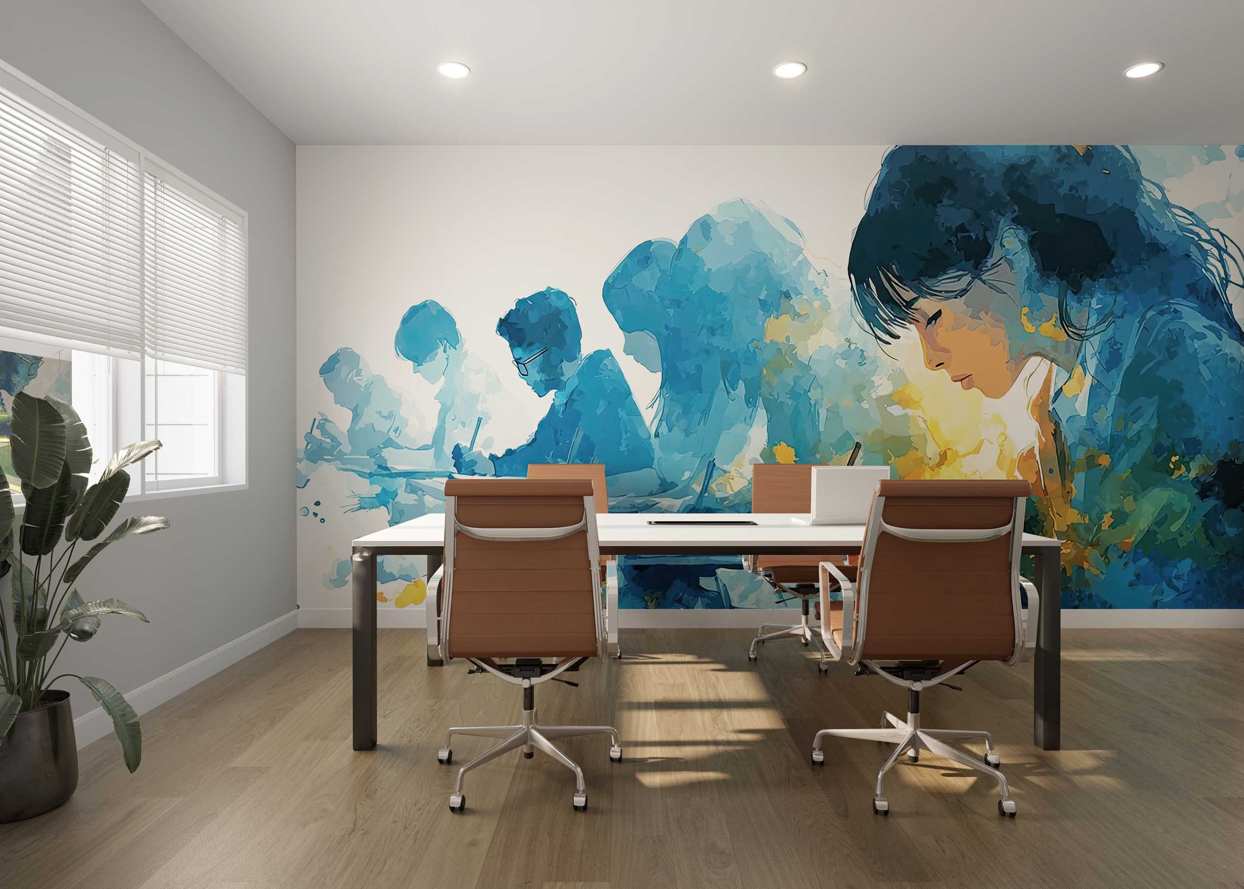 Modern office conference room with a large mural of people working on a wall, featuring a blue and yellow color palette. The room has a white table, office chairs, a window with blinds, and a potted plant.
