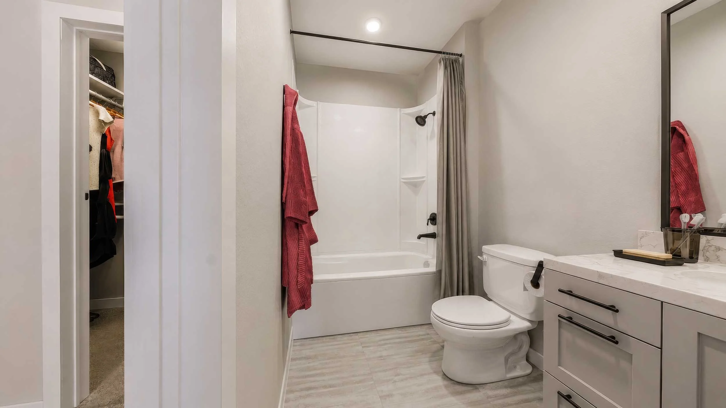 Bathroom with a shower, toilet, and vanity with a mirror. A red towel hangs on the shower curtain rod, and a gray curtain covers part of the shower. Open closet door reveals hanging clothes and a bag.
