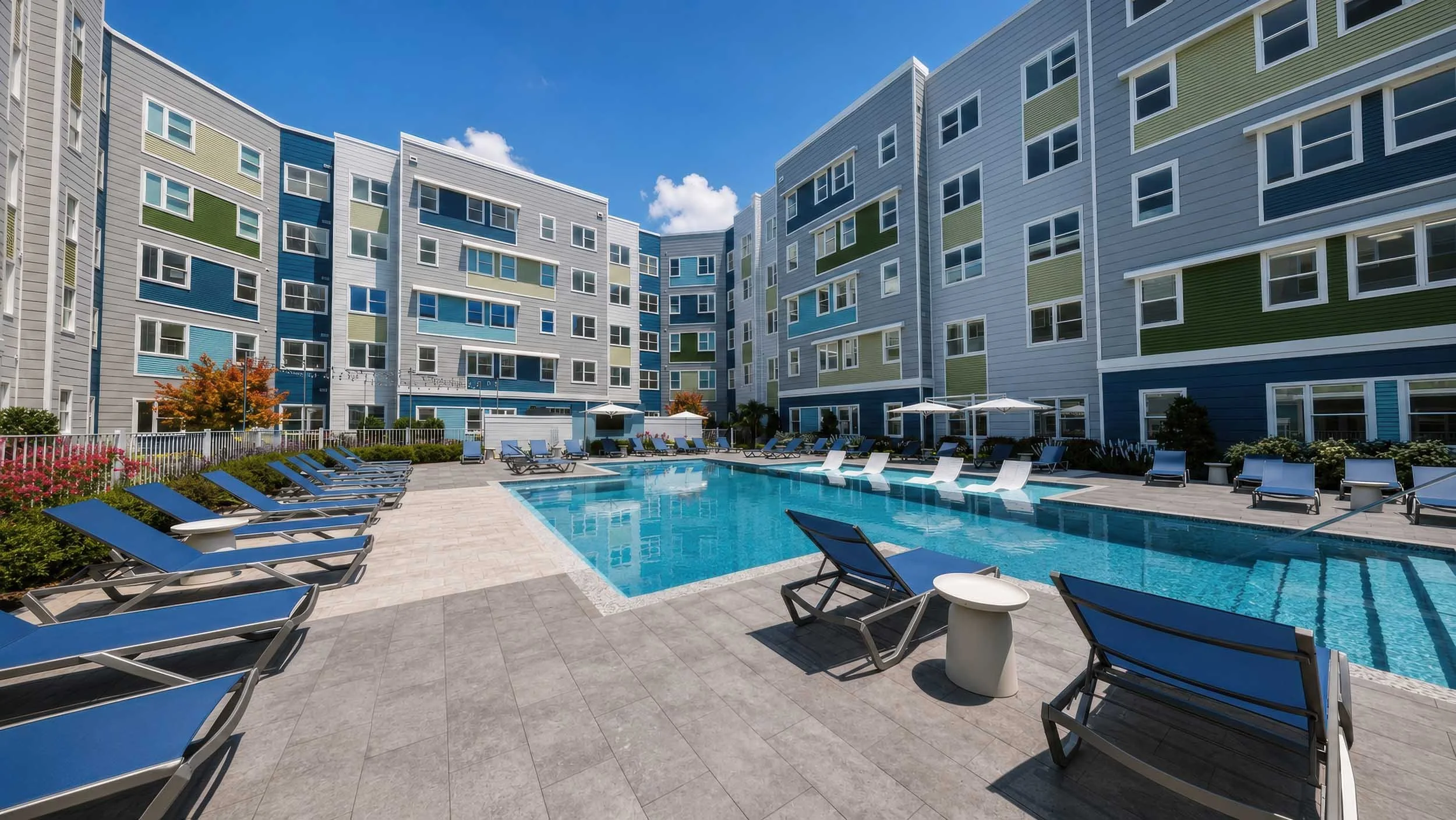 Apartment complex with colorful exterior and a swimming pool surrounded by lounge chairs and umbrellas.