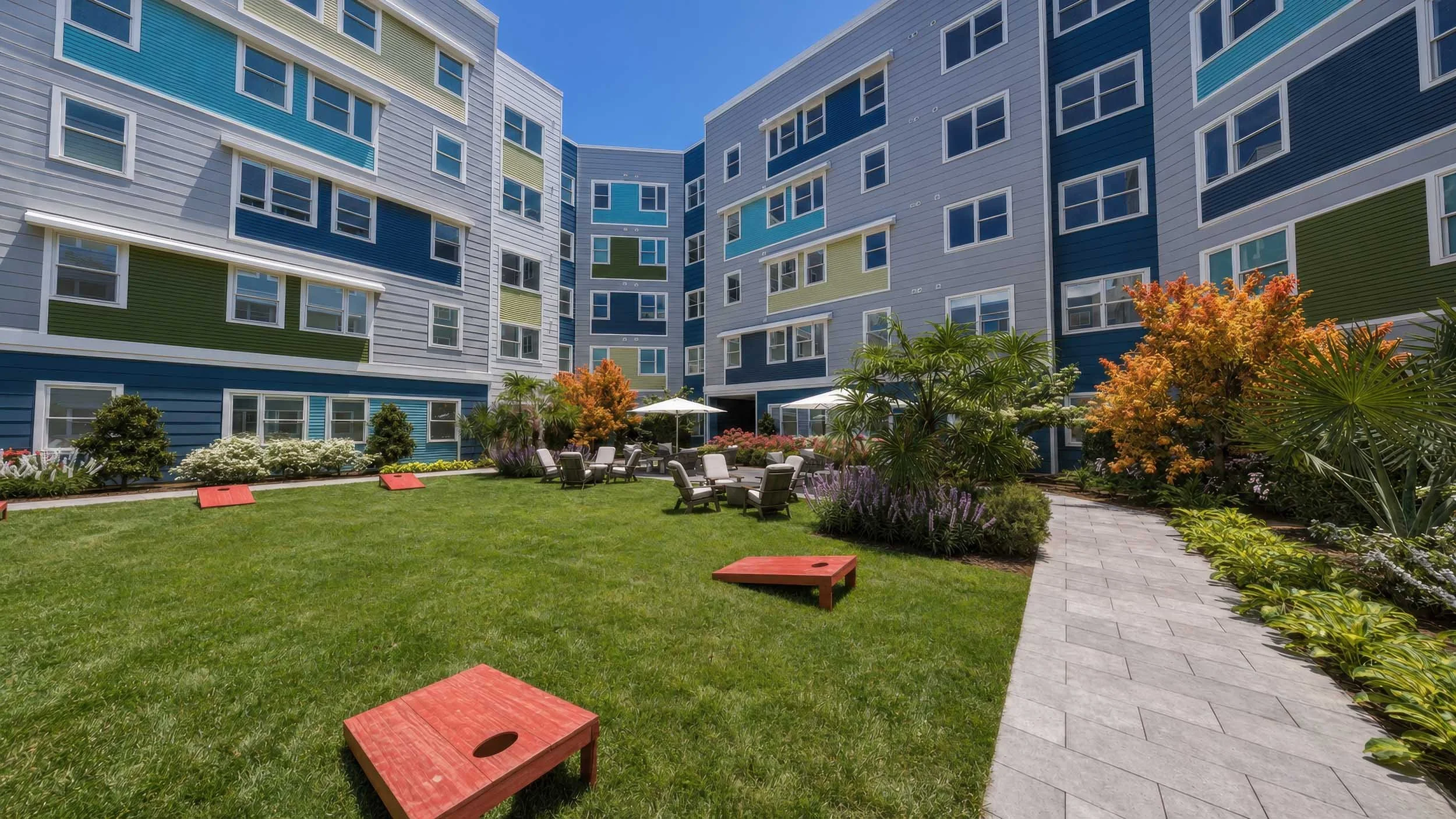 View of a colorful apartment complex courtyard with green grass, flowering plants, patio chairs, and a paved walkway, surrounded by multi-story buildings painted in blue, yellow, green, and gray.