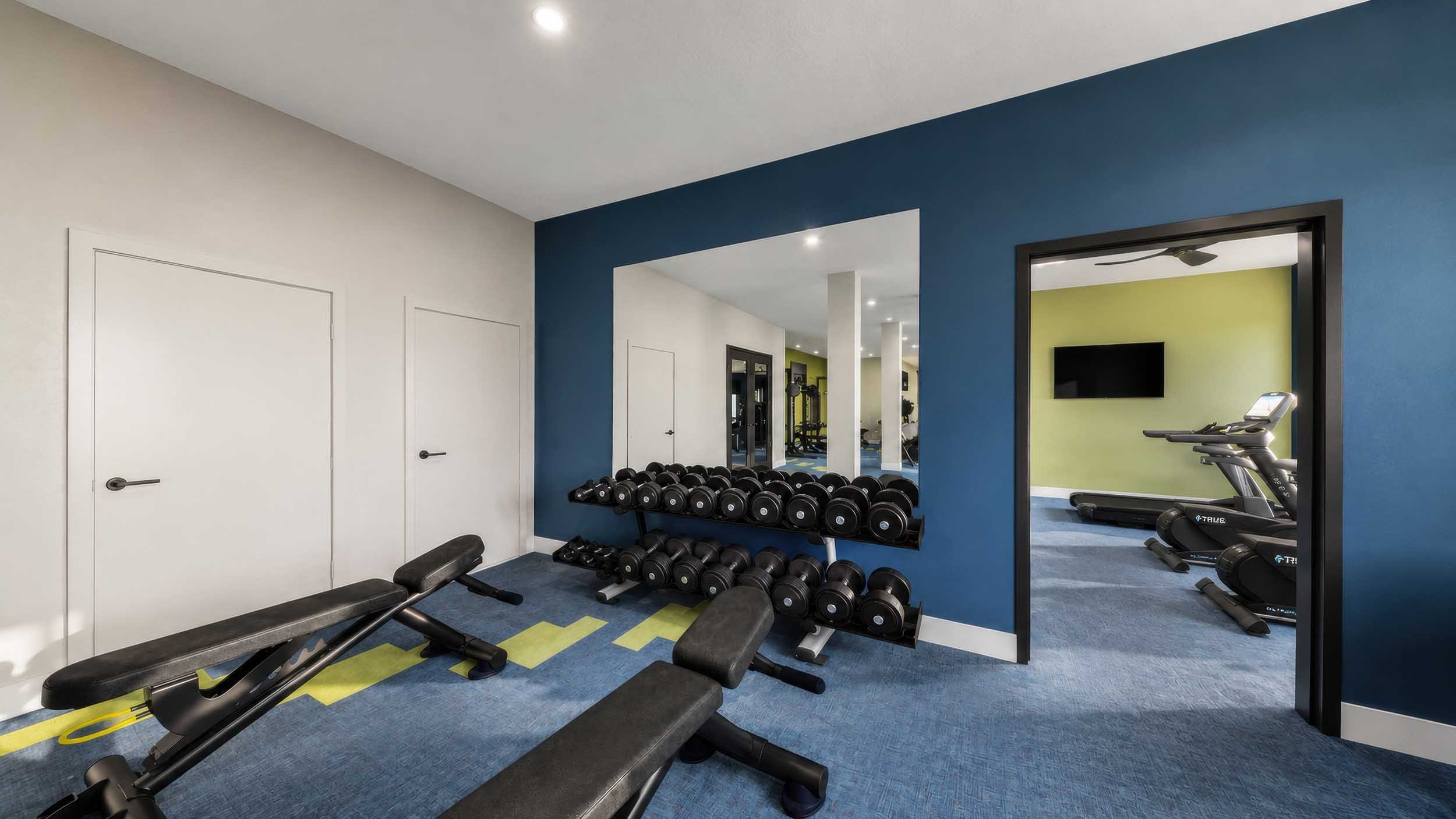 Interior view of a gym with exercise equipment, including dumbbells, benches, and a treadmill, with mirrors and colorful walls.