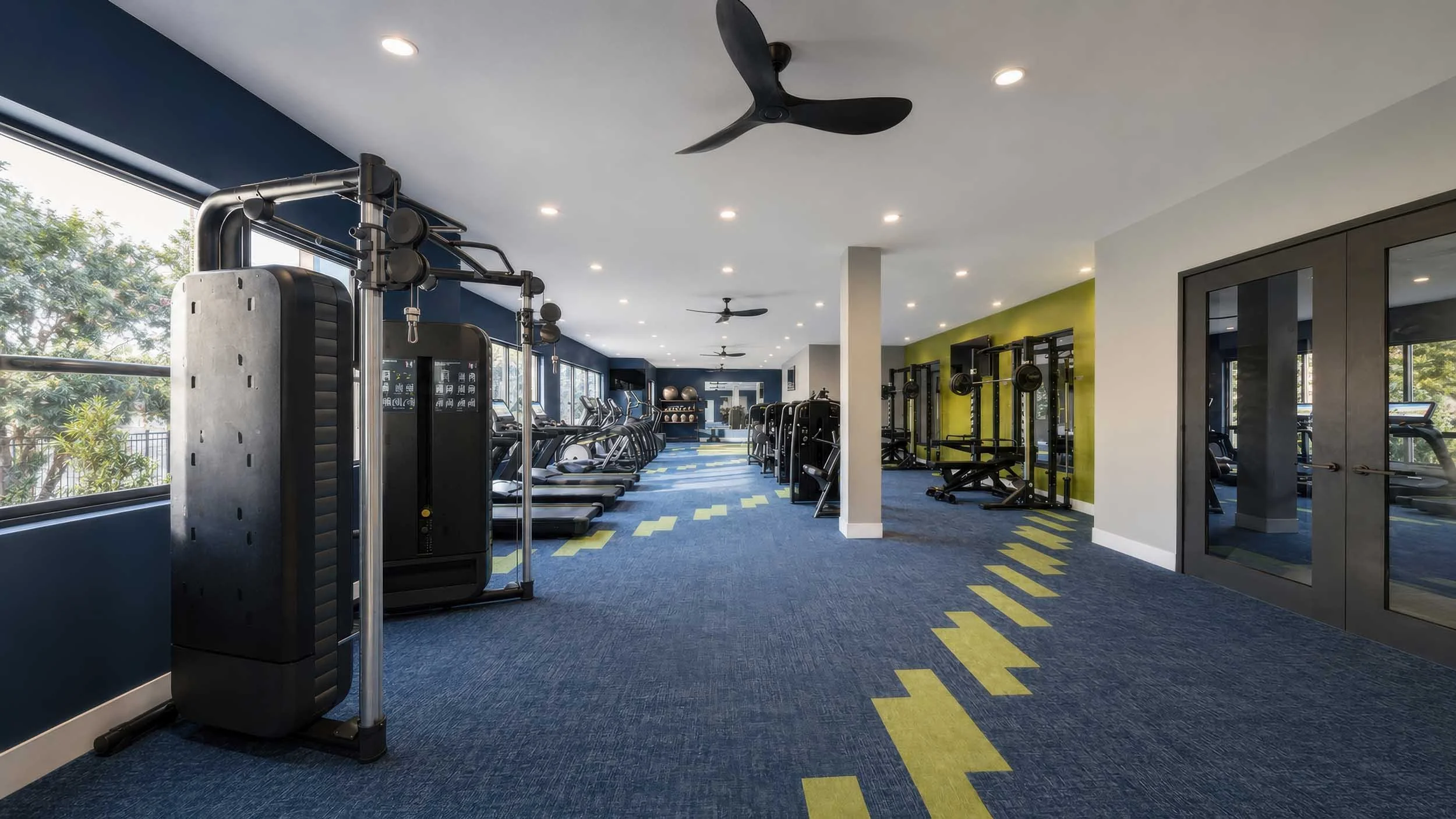 A modern gym with cardio equipment like treadmills and ellipticals, large windows with natural light, ceiling fans, and vibrant blue and green wall accents.