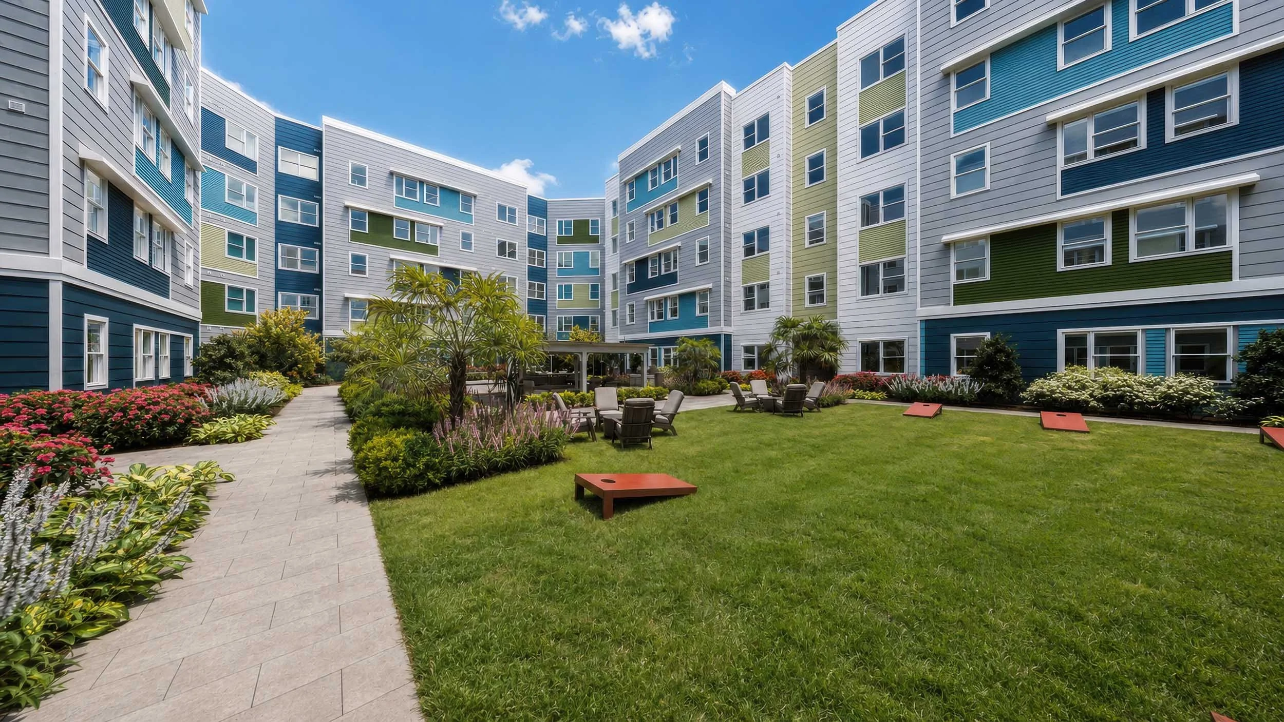 A courtyard surrounded by a multi-story apartment building with colorful exterior siding in blue, green, and gray. The courtyard has walking paths, green grass, various flowering plants, and patio chairs.