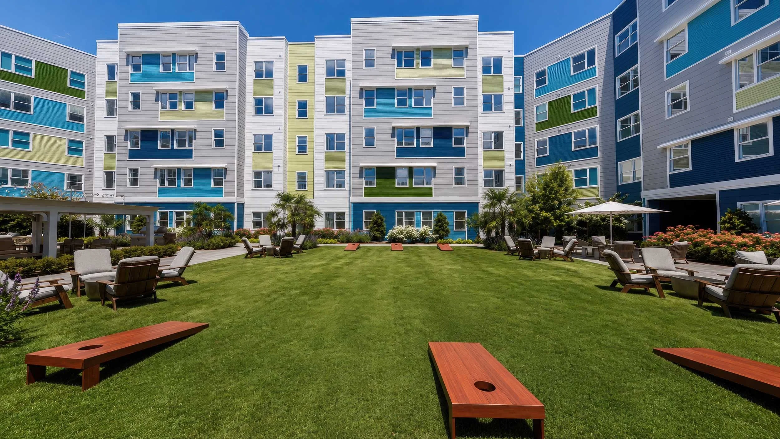 A courtyard with outdoor seating and green lawn surrounded by a colorful apartment building with white, blue, green, and yellow sections, and plants under a clear blue sky.