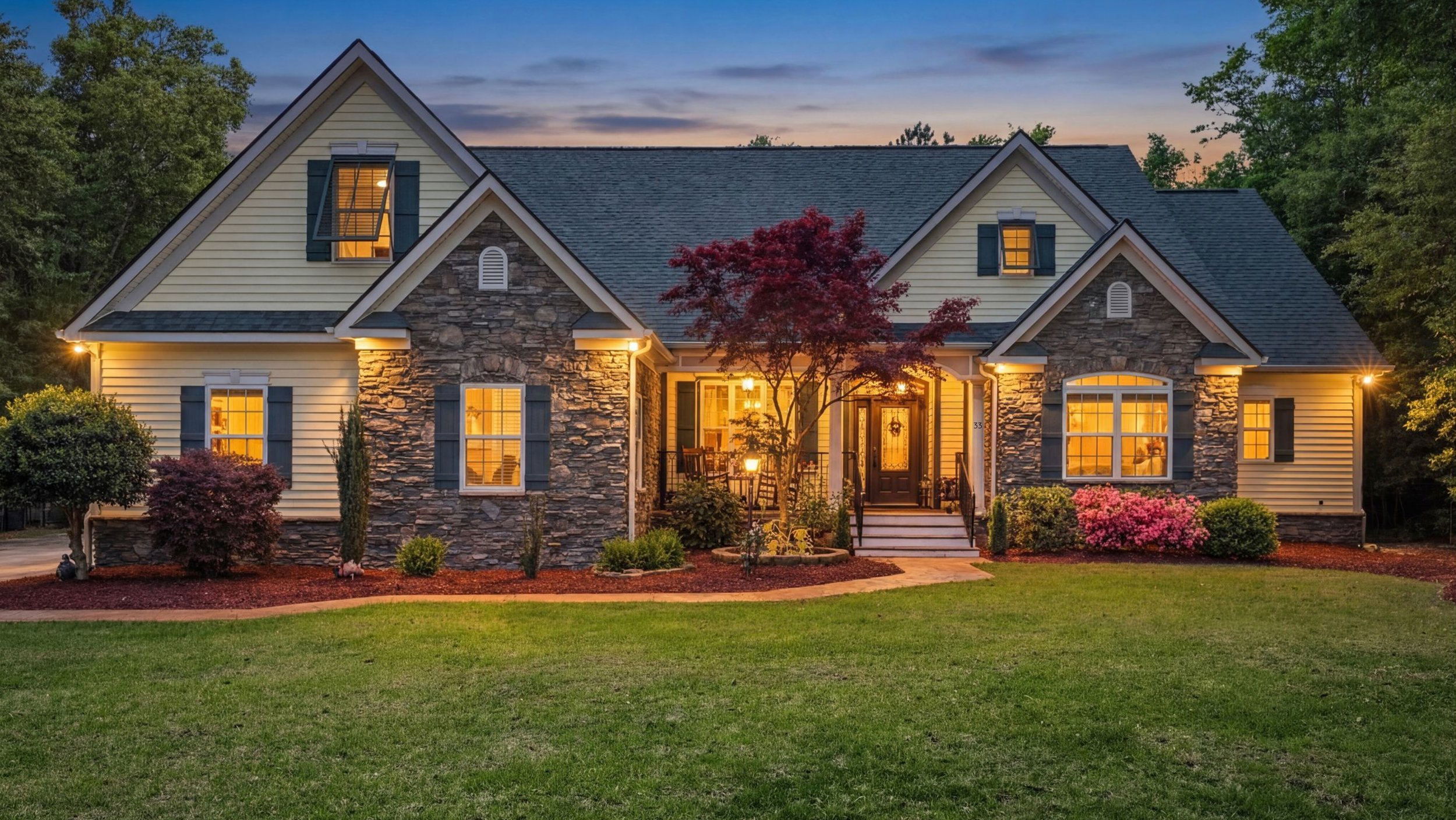A two-story house during dusk with yellow siding and stone accents, illuminated by exterior lights. The front yard has a well-maintained lawn and various shrubs, including a red-leafed tree near the porch. The windows are lit from inside, and the sky is fading to dusk.