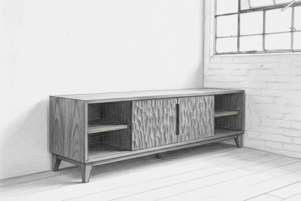 A sketch or drawing of a wooden sideboard or TV stand with sliding doors, placed against a wall next to a window, in a room with wooden floorboards.