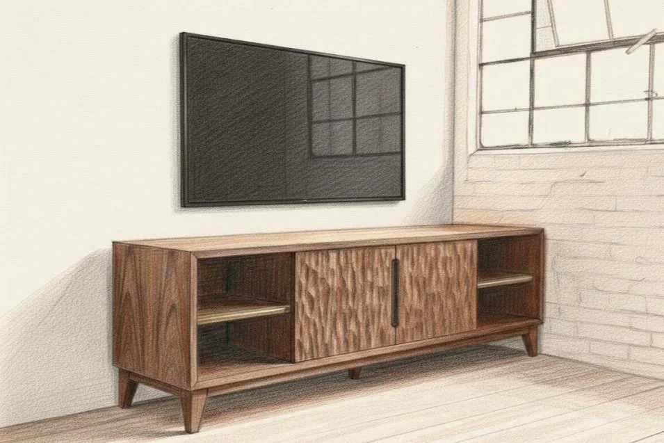 Wooden sideboard with sliding doors in a room with a large window and a wall-mounted TV.