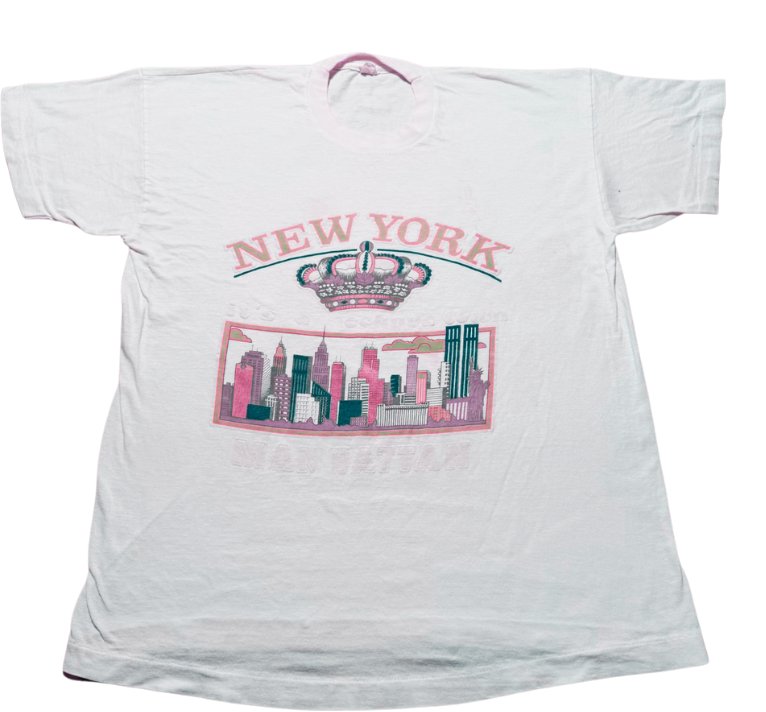 White T-shirt with a graphic design featuring a crown, the word 'NEW YORK' in pink, and a stylized depiction of the New York City skyline in pink and teal.