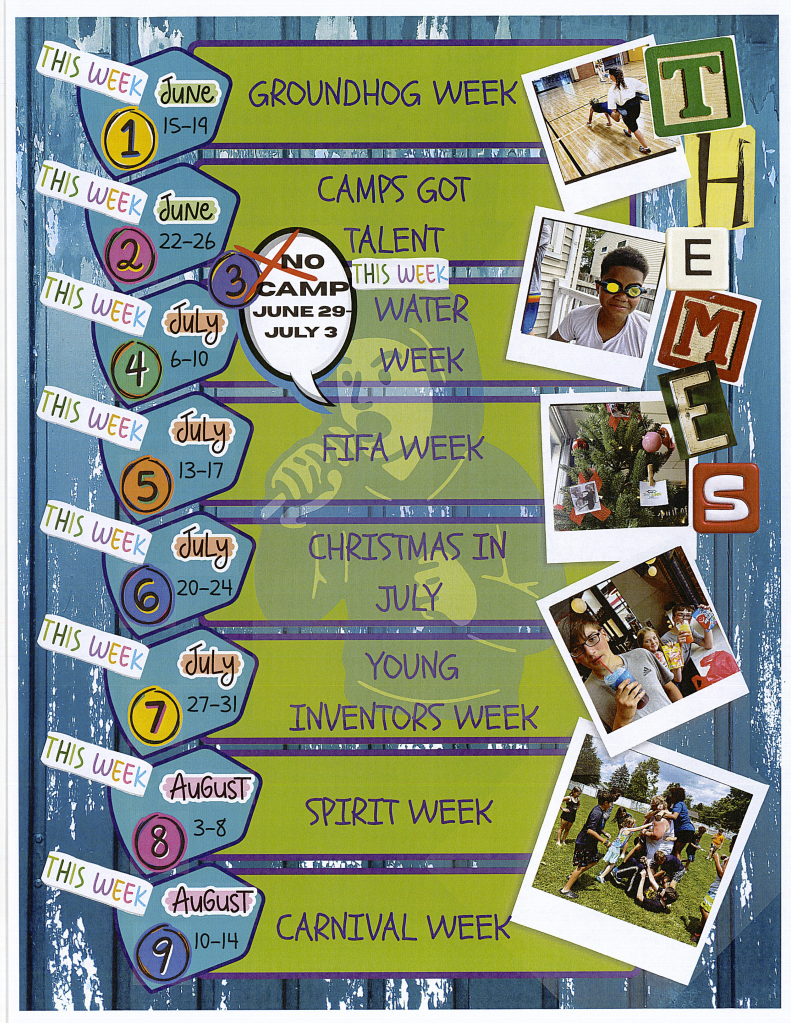 School bulletin board listing weekly activities such as Groundhog Week, Camps Got Talent, Water Week, FIFA Week, Christmas in July, Young Inventors Week, Spirit Week, and Carnival Week, with attached photographs of children and decorations.