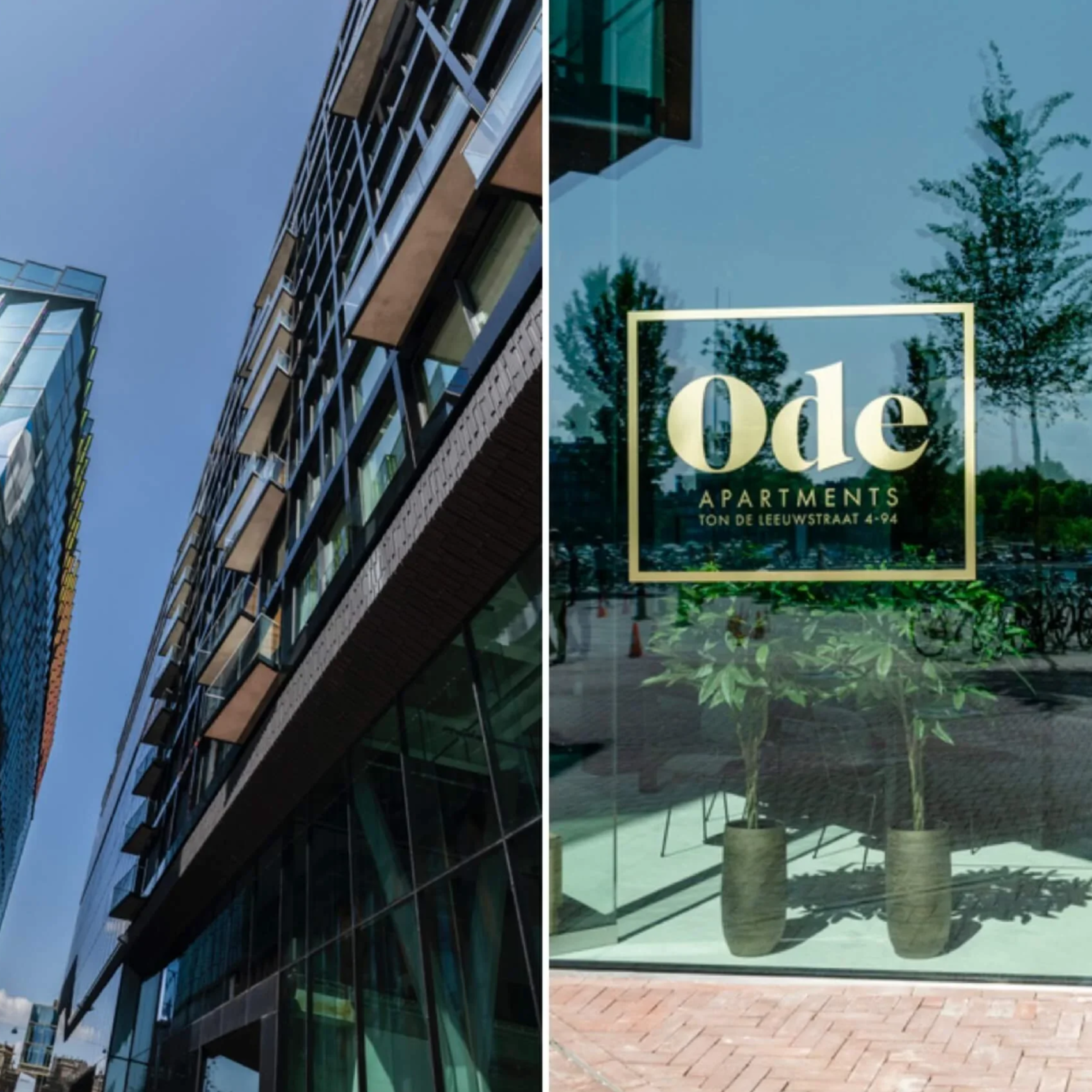 Left side shows a modern multi-story glass office building with angular architecture and blue sky background. Right side shows a glass storefront with a logo for 'Ode Apartments in Amsterdam. BigStoryShort client.