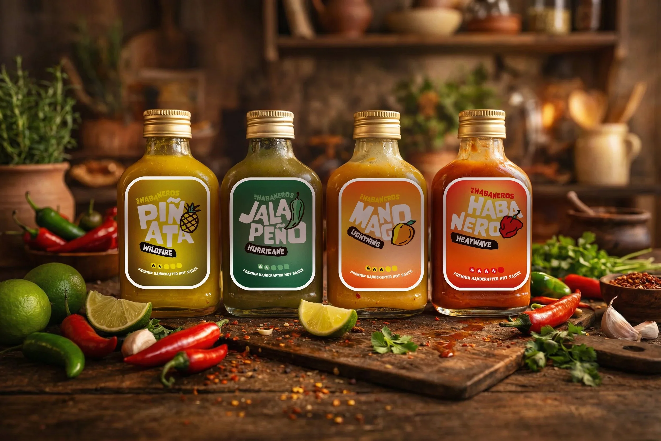 Four bottles of HABANEROS hot sauce with colorful labels, surrounded by fresh chili peppers, limes, garlic, and spices on a rustic wooden surface in a kitchen setting. BigStoryShort client.