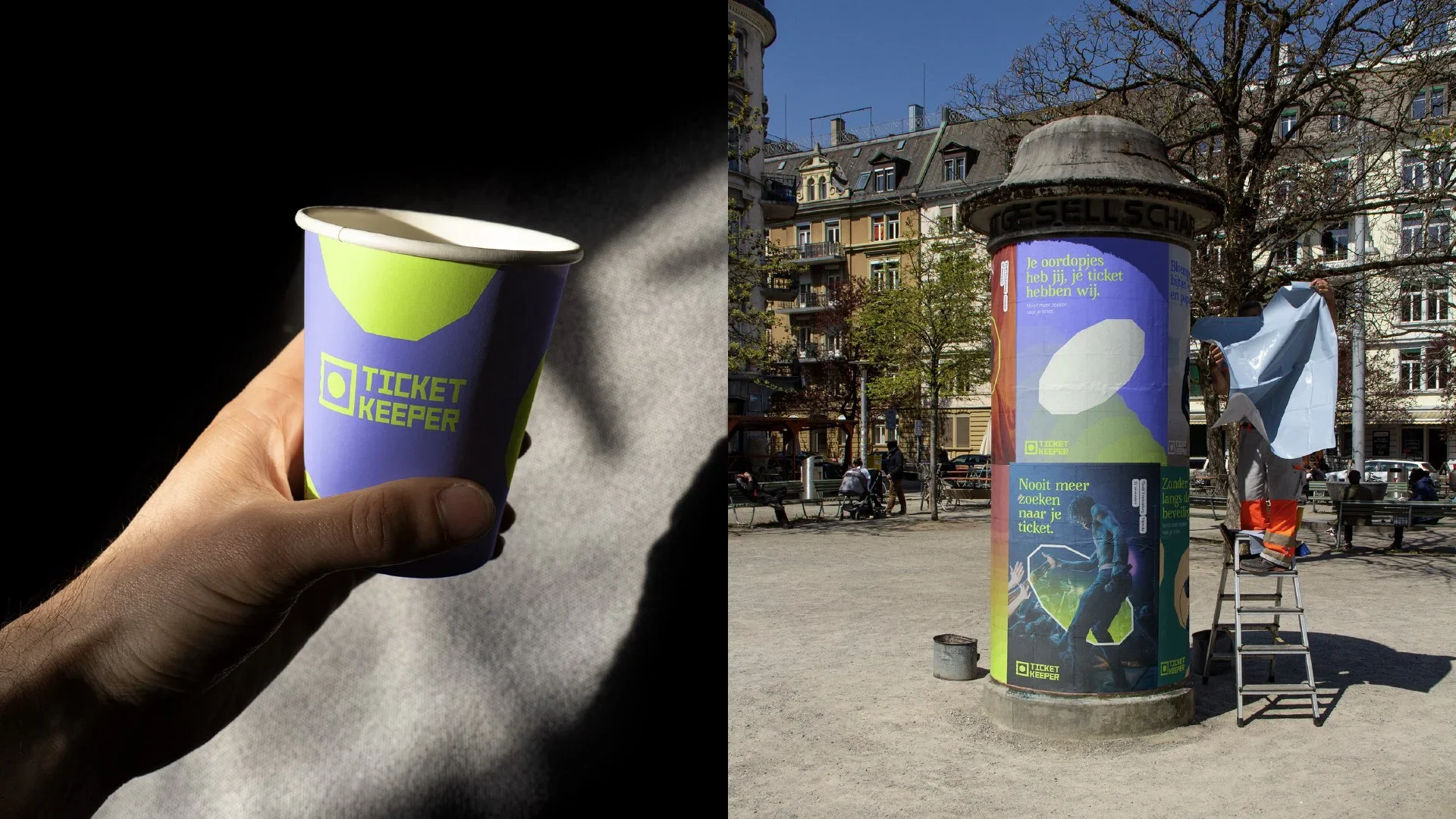 A person holding a Ticket Keeper branded paper cup, with a city park and advertising column in the background. The column displays advertisement text in Dutch and photos of people using tickets and technology. BigStoryShort client.