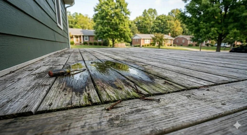 Close-up of a weathered wooden deck with a small puddle and a tool lying next to it, with houses and trees in the background.