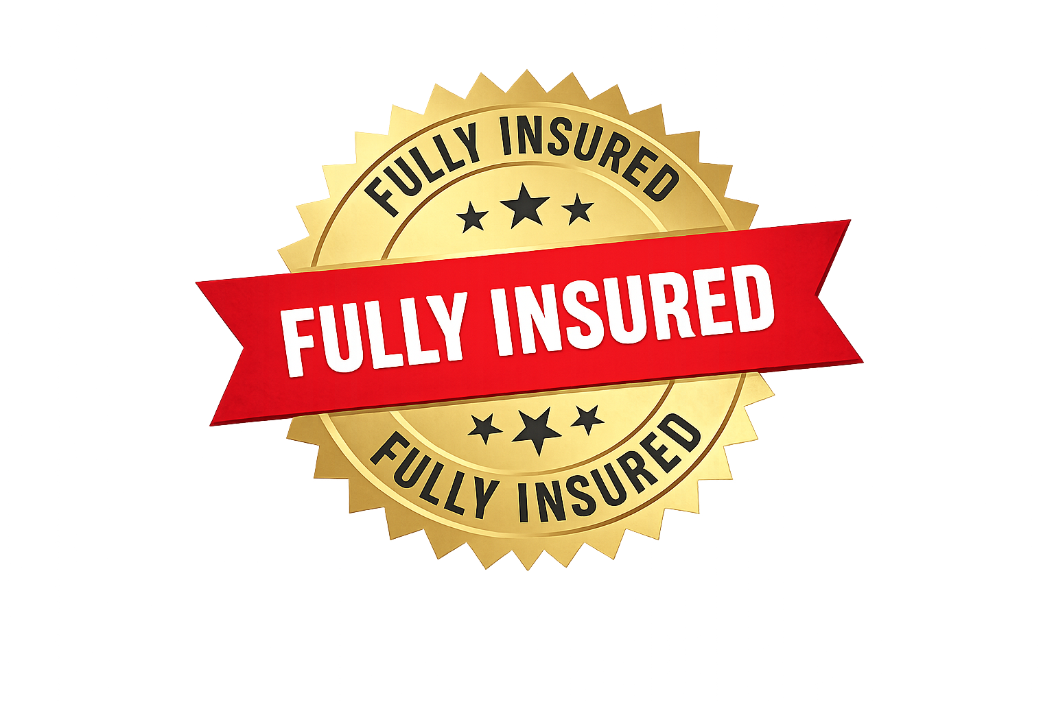 Gold badge with black stars and the words 'Fully Insured' repeated around the border. A red banner across the badge says 'Fully Insured' in white text.