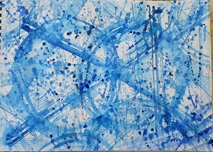 Abstract blue watercolour painting with splatters and streaks exploring loneliness versus aloneness.